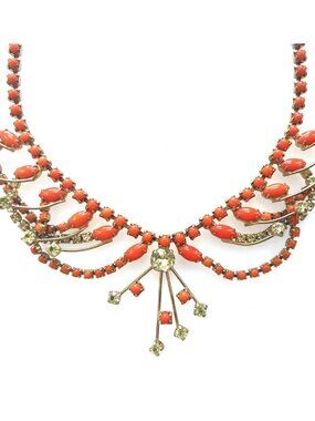 Vintage Rocking Retro Hot Orange Layered Rhinestone Necklace